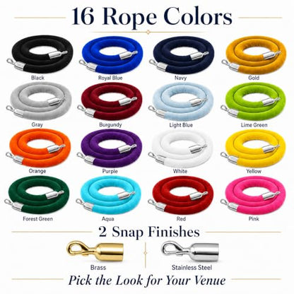 CCW 6 Ft Blue Velvet Hanging Stanchion Rope, Stainless Steel Snaps - color: Blue Rope With Polished Stainless Steel Snap Ends, size: 6 Foot