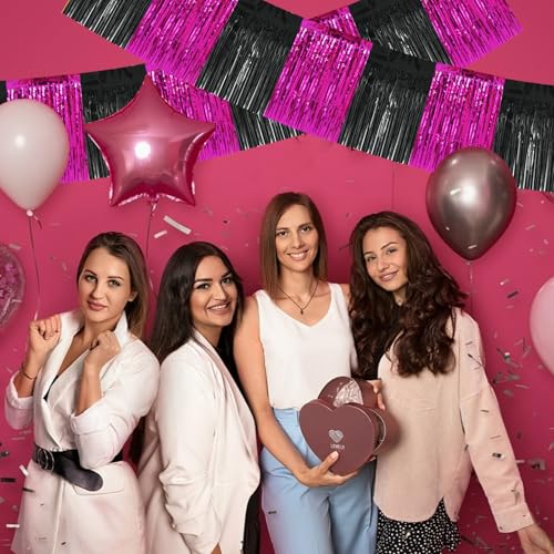 BEISHIDA Hot Pink Fringe Garland Banner 30ft Wall Tinsel Foil Streamers - color: Black Hot Pink