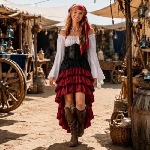 Pirate Costume Women Outfits Renaissance Halloween Costume | Also dress up for Steampunk / Renaissance/ Gypsy Costume - color: Brown, size: Small