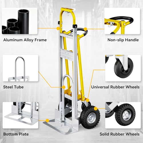 4-in-1 Convertible Dolly Cart, 850LBS Aluminum Alloy | Heavy Duty Hand Truck Dolly with wheels & Non-Slip Handle, Collapsible Cart for Luggage, Cartons, Warehouse, Office, Yellow - size: Large-Gold