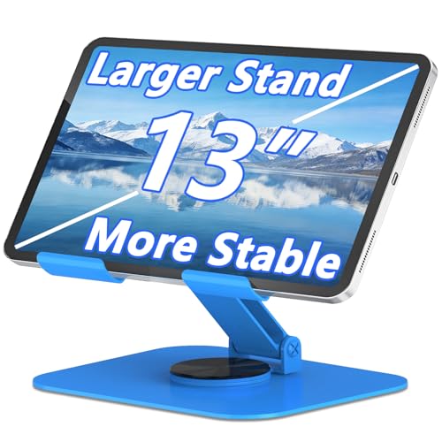 Metal Tablet Stand Holder Adjustable for iPad Kindle Tab, Blue | 360° Rotation, Stability Base, Fully-Fold, Compatible with 4-13" Tablet, iPad Pro/Air 11” 13”, Kindle 11, Galaxy Tab S11 A11 - color: Blue