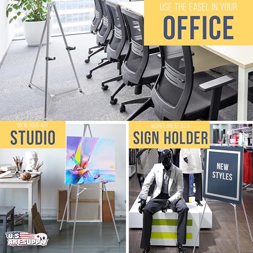 U.S. Art Supply 66" High Gallery Silver Metal Display Easel, Large | Adjustable Height Aluminum Portable Easel Stand, Sign Display, Holds 25 lbs - Floor & Tabletop Easels, Painting Stand