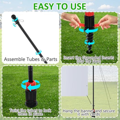 FUMMI Outdoor Banner Pole with Ground Stake, 4-Section Adjustable Stainless Steel Banner Stand for 3–10FT Horizontal Banners, Portable Yard Sign Display (Hardware Only)