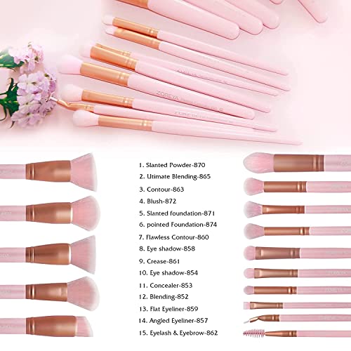 ZOREYA Makeup Brush Set - 15 Pcs Premium Synthetic Foundation Concealers Eye Shadows Make Up Brush,Eyeliner Brushes(Pink) - color: Pink