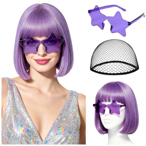 Short Bob Straight Hair Wigs with Bangs, Heat Resistant Fiber Hair, Star-shaped Glasses for Women (Pink-Purple) - color: Pink-Purple