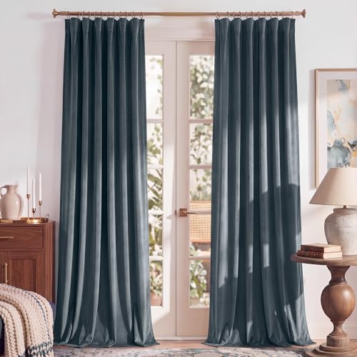 RYB HOME Dusty Blue Velvet Blackout Curtains 84 inches Long for Bedroom | Thermal Insulated, Room Darkening, Light UV Privacy Block, With Hook Belt, Back Tab, Living Dining Room, W52 x L84, 2 Panels - color: Dusty Blue, size: 52"W x 84"L (Pack of 2)