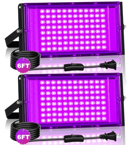 TigQiang 100W 2 Pack Black Light, Glow Party Supplies, Blacklight Halloween | IP66 Waterproof, Blacklights Flood Light for Neon Parties, Body Paint, Birthday, Fluorescent Poster, 6Ft Cord & Plug & Switch - size: 100W-2Pack