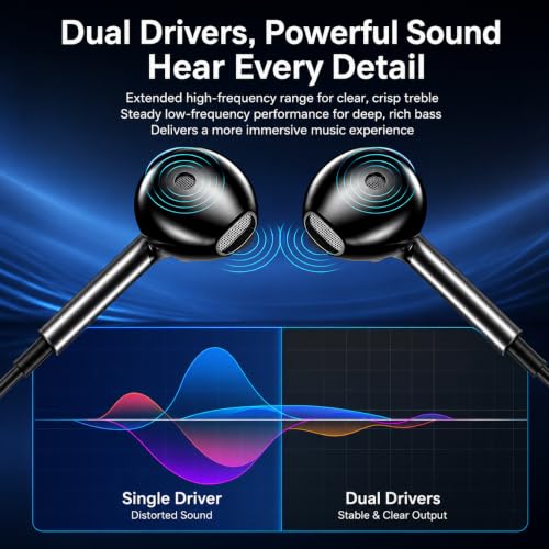 Kamon K66 USB C DAC Earbuds, 14.2mm Dynamic Driver, HD Microphone, 3-Button Volume Control, Semi in-Ear Wired Earphones for iPhone 17/16/15, Samsung Galaxy, Pixel and iPad 1 Pack - color: Black