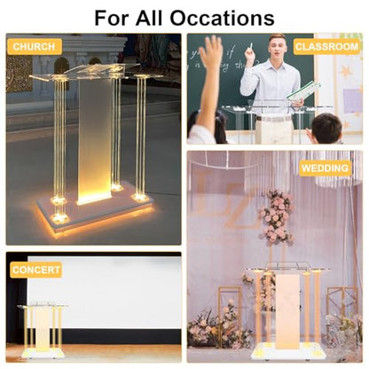 Acrylic Church Pilpits with Wheels, 46'' Church Podium with 15 Colors RGB LED Lights,Podium Stand Lecterns Pulpits for Church, Wedding, Concert Speech, Classroom (40”L*17.7”W *46.6”H) - size: 40”L*17.7”W *46.6”H