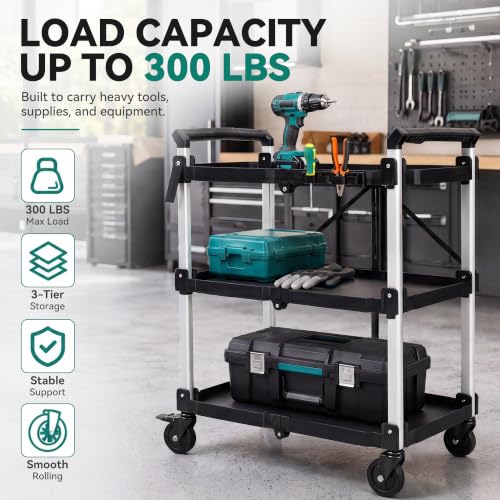 YITAHOME 3-Tier Large Folding Utility Cart w/Wheels(2 Brakes), 300lbs - size: 300 LBS with 31.1"L x 19.2"W x 41.3"H