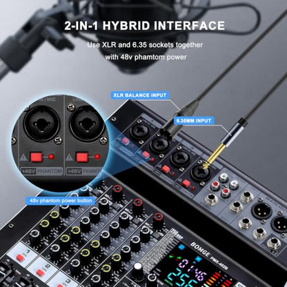 BOMGE 4-Channel Audio Interface Mixer with 256 DSP, Bluetooth 48V Phantom Power, 2x350W Amplifier (4 Ohm) for Studio Recording, DJ Mixing, Karaoke, Concert Party & Streaming