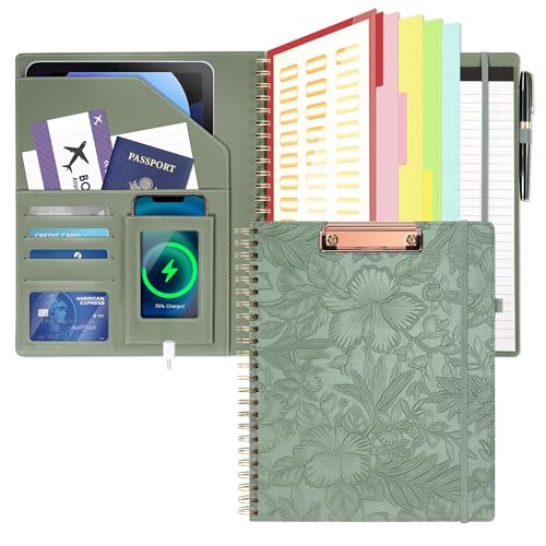 Clipboard with Storage for Men Women, Leather Padfolio Portfolio Organizer 5 Folders with 10 Pockets, Spiral Clipboard Folio with Notepad for Letter Size, Elastic Closure and Pen Loop Green Floral - color: Green Floral