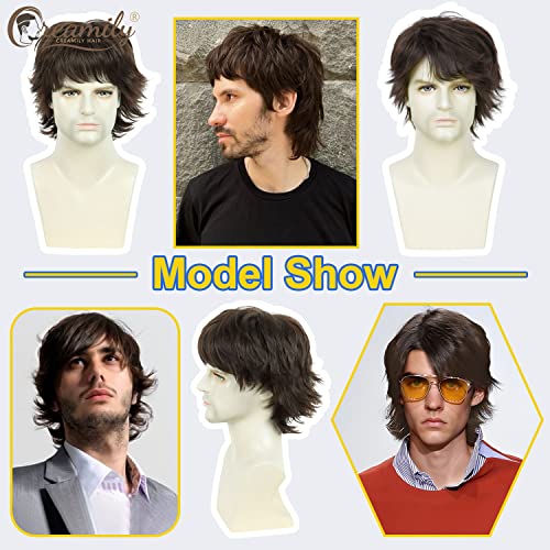 Creamily Mens Brown Wig Wolf Cut Mullet Wig Short Synthetic Hair Wigs Natural Looking Heat Resistant Fluffy Layered Mens Wigs for Halloween Cosplay Costume - color: H-Mullet Brown