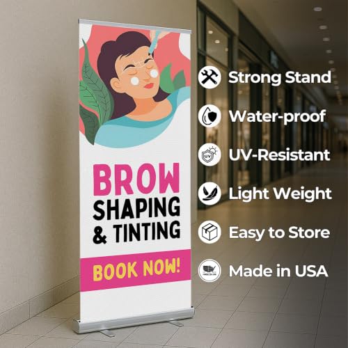 Lashes & Brows Retractable Stand Banner by DC | 33"x81" Roll-Up Display | Brow Shaping Tinting Book Naw Vertical Pull-Up Banner for Trade Shows & Events | Made in USA | (Stand Not Included) - color: Brow Shaping Tinting Book Naw, size: Retractable Banner