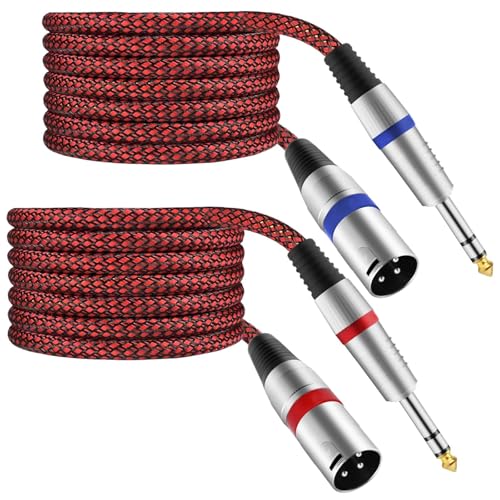 XLR Male to 1/4" TRS Cable Balanced - 10FT Quarter Inch Stereo to XLR Microphone Cord Adapter, Nylon Braided, OFC Shielded, Red Color, for Mixer, Monitor Speaker, Audio Interface, 2Pack - size: 10 Feet, 2 Pack