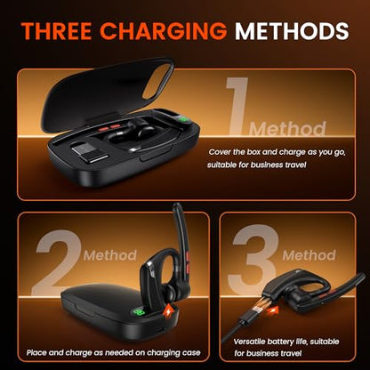 Bluetooth Headset V5.3, Wireless Headset with Dual Noise-Canceling Microphones, Portable Charging Case, 300H Standby Time, Hands Free Headphones for Computer/Cell Phones, Trucker/Home/Office/Work