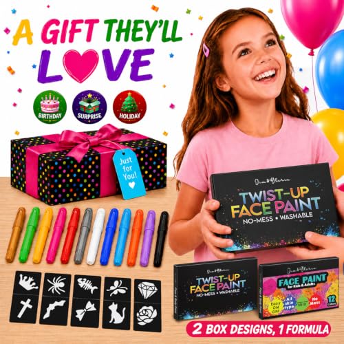 Jim&Gloria Face Paint Kit with Stencils, 12 Large Professional Face Painting Kit for Kids Party Makeup, Facepaint Washable Body Paint for Adults Skin Color Crayons, Girls Christmas Gifts, Crafts Toys