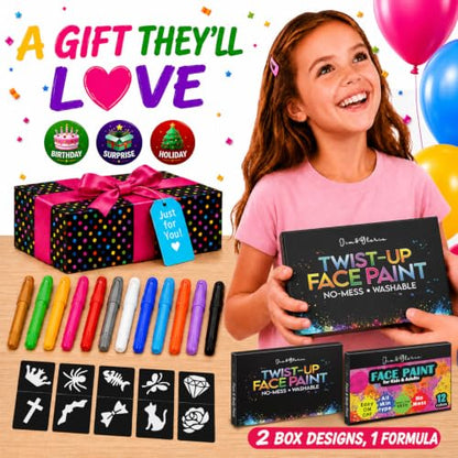 Jim&Gloria Face Paint Kit with Stencils, 12 Large Professional Face Painting Kit for Kids Party Makeup, Facepaint Washable Body Paint for Adults Skin Color Crayons, Girls Christmas Gifts, Crafts Toys
