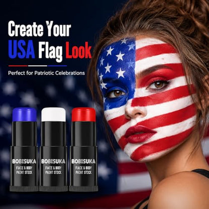 BOBISUKA Red White Blue Face Paint Stick Kit, Eye Black Sticks for Football Baseball Softball Lacrosse American-Flag, Body Paints Makeup Kit for Halloween Cosplay Special Effects Costume SFX - color: Red.Blue,White