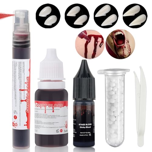 Mysense Fake Blood and Vampire Fangs Teeth Makeup Kit, 1 Fake Blood Spray, 1 Liquid Squirt Blood, 1 Sticky Stage Blood and 4 Sizes Fake Teeth for Halloween Cosplay SFX Makeup - color: Vampire Makeup Kit