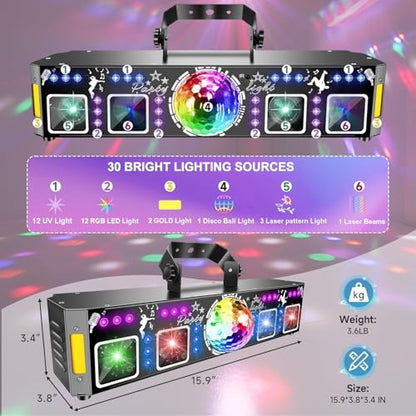 DJ Lights for Parties, Pro 7 in 1 DMX & Sound Activated DJ Lights Show Machine with Disco Ball Light, UV Black Lights - Sound Activated LED Lighting for Home, Karaoke, Birthday and DJ Events World Cup - color: 4 Head