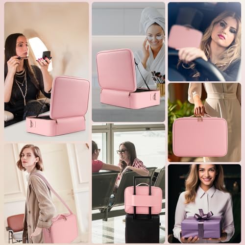 15''X11'' Large Capacity Makeup Bag with LED Mirror, Professional Makeup Case Organizer with 3 Color Light Adjustable Brightness, Travel Make up Cosmetic Case with Detachable Dividers & Shoulder Strap - color: Pink, style: Integrated