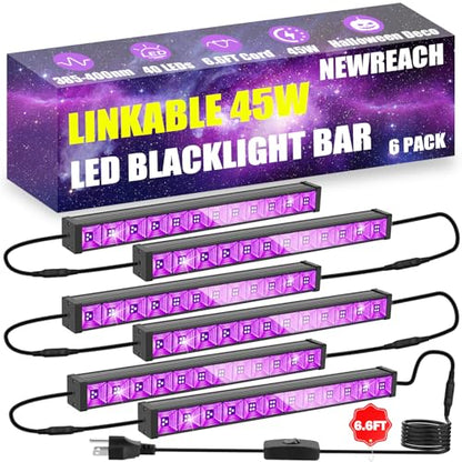 45W*6 Linkable Black Light Bar LED Blacklight with 6.6ft Cord, Glow in The Dark Each Light Up 28x28ft for Neon Party, Body Paint, Fluorescent Poster, Birthday, Halloween, Bedroom - style: 6 Pack