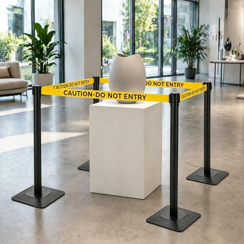 4 Pack Crowd Control Stanchions with 10FT Retractable Yellow Belt – 41" Black Queue Barriers with Heavy Rubber Base (Belt Printed “Caution-Do Not Enter”) for Hotel, Airport, Bank, Store, Event - color: CAUTION-DO NOT ENTER BELT