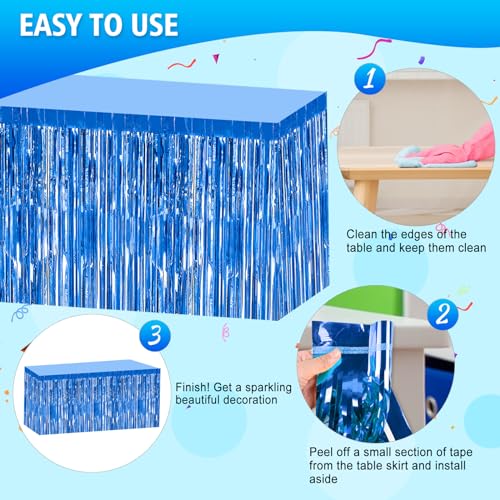 2 Pack 29.5x108 Inch Blue Foil Tinsel Fringe Table Skirts, Disposable Table Skirts for Rectangle Tables Curtains Backdrop Parade Wedding Floats Baby Shower Birthday Mardi Gras Party - color: Blue