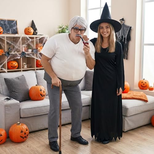 7 Pcs Halloween Fat Old Man Costume, Fake Belly and Chest Fat Suit