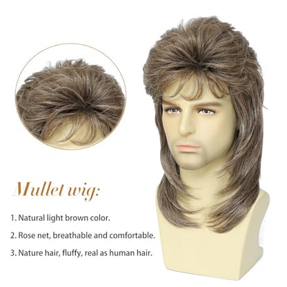 Mullet Wigs for Men,Joe Dirt,Emo Wig 80s Costumes Fancy Party Accessory Cosplay Wig Halloween Man x (Light Brown) - color: Light Brown