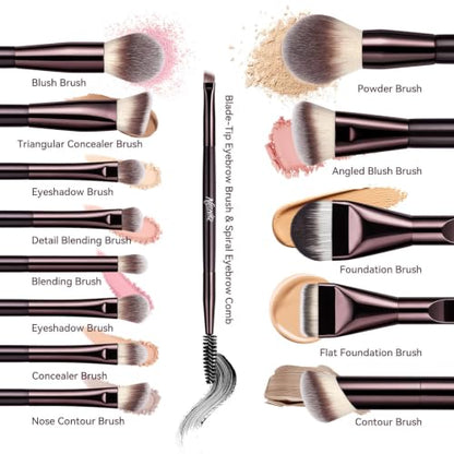 14 PCS Professional Makeup Brushes Set with Travel Cosmetic Bag（Brown） | Luxe Soft Synthetic Face & Eye Makeup Brush Kit for Foundation, Powder, Blush, Concealer, Eyeshadow, Contour, Eyebrow - color: 14PCS-0-Brown