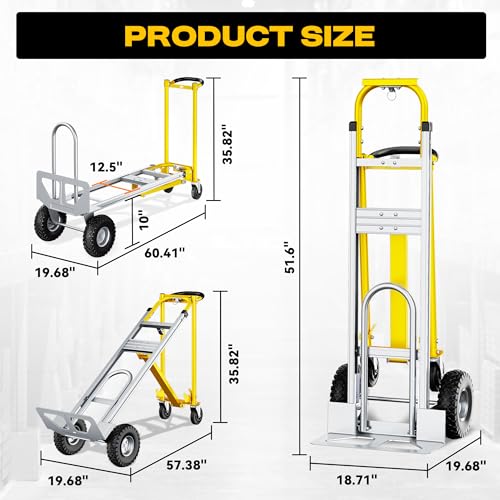 4-in-1 Convertible Dolly Cart, 850LBS Aluminum Alloy | Heavy Duty Hand Truck Dolly with wheels & Non-Slip Handle, Collapsible Cart for Luggage, Cartons, Warehouse, Office, Yellow - size: Large-Gold