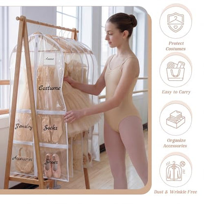 Nuenen 3 Pack Dance Garment Bags for Costumes Clear Dance Recital Organizer with Pockets & Labels, 40 Inch PVC Hanging Costume Bag for Competition Travel, Garment Bag with Compartments(White) - color: White