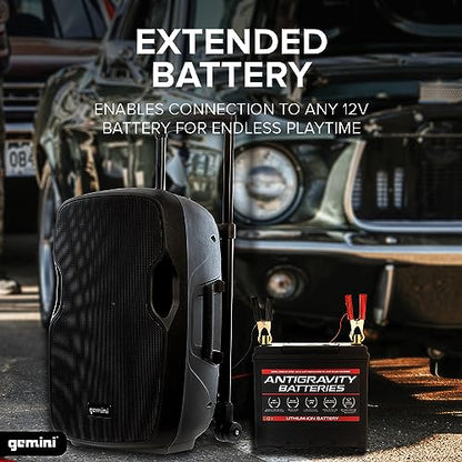 Gemini 15" Battery Bluetooth PA Speaker, 500 Watts (AS-15TOGO) | 15" battery PA, 5-8 hr, car charger - Bluetooth, USB, SD, FM, AUX - mic & guitar inputs, echo - size: 15 in
