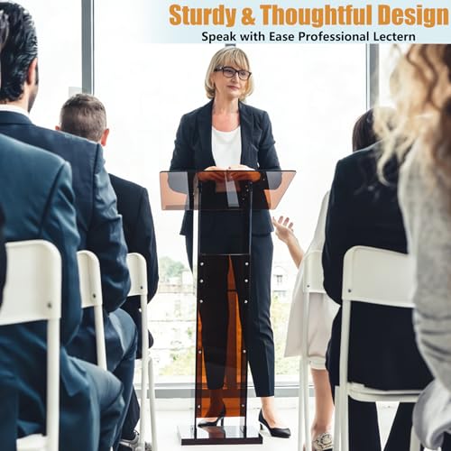 Acrylic Podium Stand 45.5" with Storage Shelf, Modern Amber Lectern Professional Presentation Podiums with Reading Platform for School, Classroom, Weddings, Conference, Concert, Events, Church - color: Amber