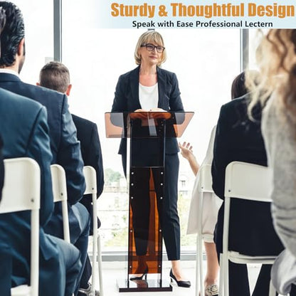 Acrylic Podium Stand 45.5" with Storage Shelf, Modern Amber Lectern Professional Presentation Podiums with Reading Platform for School, Classroom, Weddings, Conference, Concert, Events, Church - color: Amber