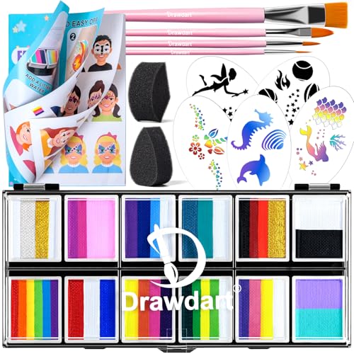 Drawdart Professional Face Painting Kit for Kids Adults, Split Cake Face Paint Palette 12 x 10gm with Stencil, One Stroke Non Toxic Rainbow Face Body Paint Set Festival Makeup - color: 12 Colors Faerie