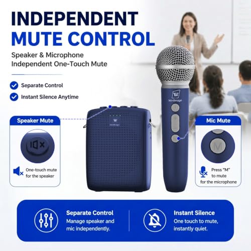 WinBridge Voice Amplifier with Wireless Mic for Teachers Blue WB009 | 15W Powerful Pa System,Bluetooth with 50ft Range, 12–15hr Battery, Dual Voice+Music Mode, Portable Lightweigh,Mute Control - color: Blue