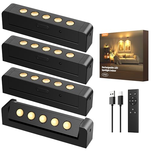 Spotlights Indoor with Daily Auto Timer, 5500mAh Rechargeable Plant Lights, Wireless Uplighting with Remote, 3CCT & Dimmable, Display Lights for Painting, Artwork, Plants, Accent Lighting - color: Black, size: 4 Pack