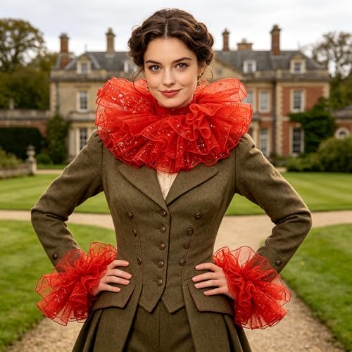Renaissance Victorian Ruffle Collar and Wrist Cuffs Set Organza Colonial Clown Choker Neck Collar Cuff - color: Red