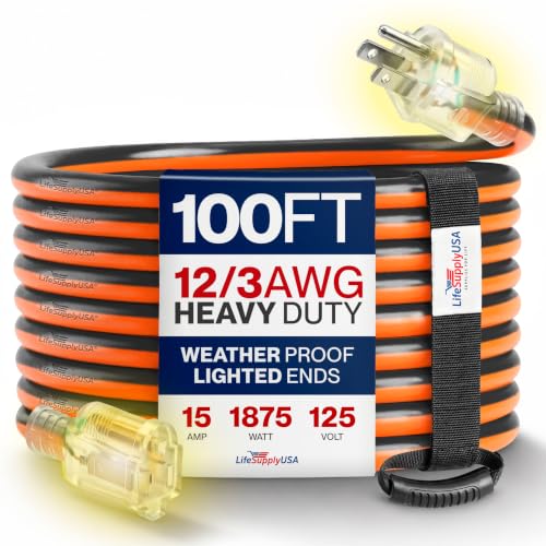100ft Outdoor/Indoor Extension Cord 12/3 Gauge Extra Heavy Duty 3 Prong SJTW, Waterproof, Flexible Cold-Resistant Long Power Cord,15A 125V 1875W, Orange and Black by LifeSupplyUSA