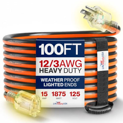100ft Outdoor/Indoor Extension Cord 12/3 Gauge Extra Heavy Duty 3 Prong SJTW, Waterproof, Flexible Cold-Resistant Long Power Cord,15A 125V 1875W, Orange and Black by LifeSupplyUSA