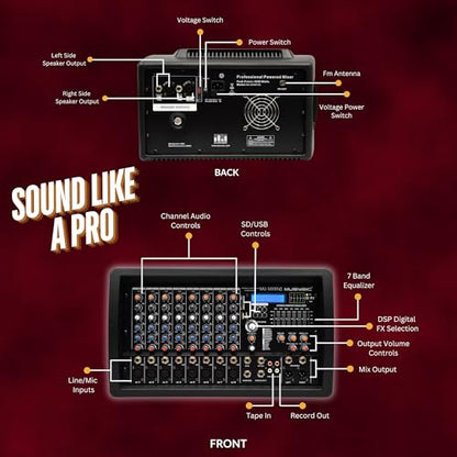 MUSYSIC 8 Channel 4500W Digital DJ Audio Mixer Power Soundboard | with Amplifier 7-Band EQ, 16 DSP FX, Phantom 48V, USB, SD, Bluetooth, FM, XLR Mixing Board for Music - MU-MX8fxD