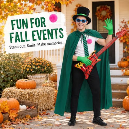 7 Pcs Green Costume Accessories Set Classic Cartoon Inspired Cape Top Hat Gloves Stripe Tie Sunglasses Inflatable Bass Halloween Cosplay Book Day Party Outfit Adults