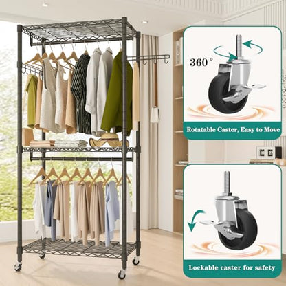 Heavy Duty Rolling Garment Rack, 3 Tiers Wire Shelves Adjustable Freestanding Portable Rolling Clothing Rack with Lockable Wheels, 35.4''L x 15.8''W x 78.8''H, Max Load 420LBS | Wire Adjustable Garment Rack for Hanging Clothes with 2 Hanger Rods, 35.4''L