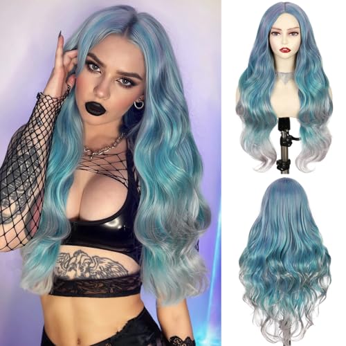 Quantum Love Long Curly Ombre Blue Wig for Women Long Wavy Bluish Green Wigs 28inch Natural Looking Synthetic Colorful Hair for Cosplay Halloween DailyParty Use - color: Ombre Blue