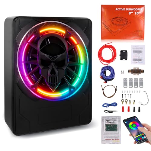 10 Inch Slim Under Seat Powered Car Subwoofer, 1200W Peak Active Subwoofer with Color LED Ambient Light, Built-in Amplifier and Remote, Car/Truck Audio Bass System - color: 10" 1200W Colorful Skull