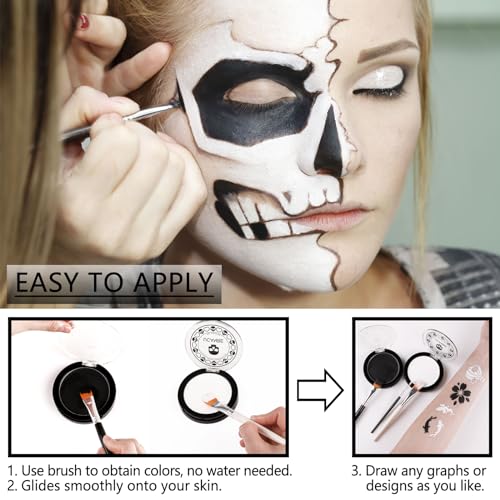 UCANBE Black White Face Body Paint with Painting Brush Kit, Cream-to-Powder Goth White Foundation + Black Greasepaint for Kids & Adult Halloween, SFX Makeup Set for Clown Skull Mime Cosplay & Costume - color: Black, White