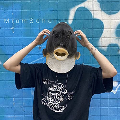 Realistic Fish Mask Adult Halloween Funny Head Mask Animal Costume Prop | Sea Creature Cosplay, Full Head, Durable Latex, Raised Eyes, Eyes Mouth Openings, Breathable, Wide Vision, Men Women, Party